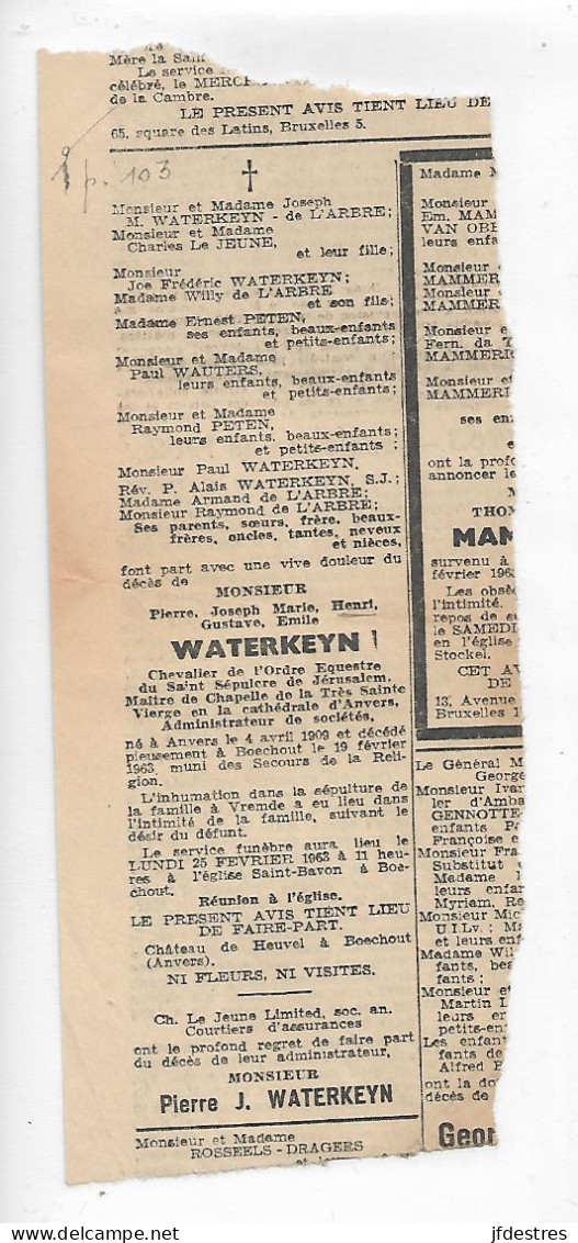 FP Nécrologie Pierre Waterkeyn Boechout 1963 Château De Heuvel Charles Le Jeune Limited Assurances - Obituary Notices