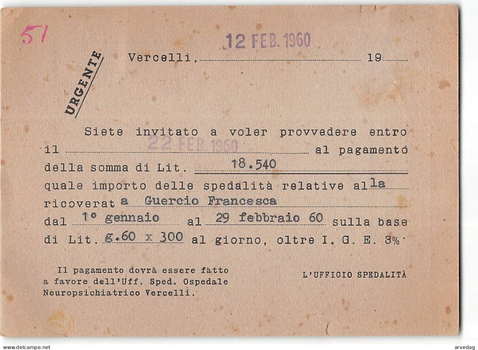 AG2620 AMM.NE PROV.LE VERCELLI OSPEDALE NEUROPSICHIATRICO UFFICIO SPEDALITA X SANTHIA - 1946-60: Marcophilia