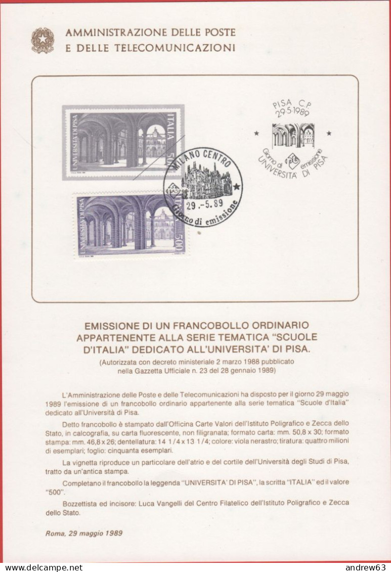 ITALIA - ITALIE - ITALY - 1989 - Scuole D'Italia - Università Di Pisa - FDC - Bollettino 9/89 Amministrazione Delle Post - FDC