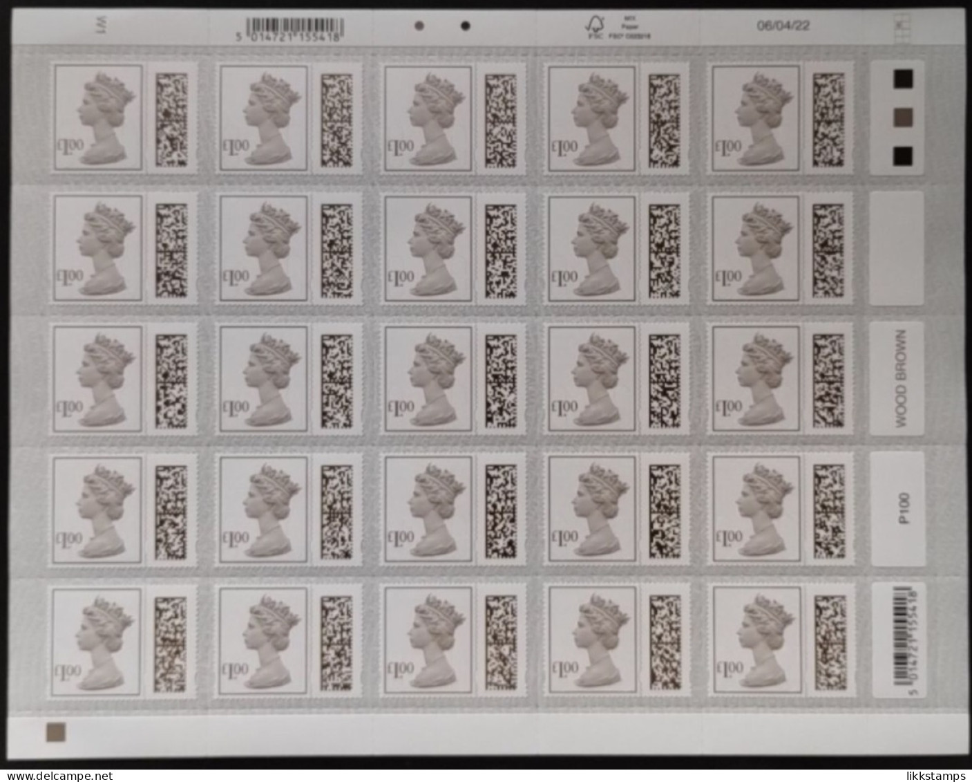 S.G. V4780 ~ 06/04/2022 ~ FULL COUNTER SHEET OF 25 X £1.00p UNFOLDED AND NHM #02931 - Machins