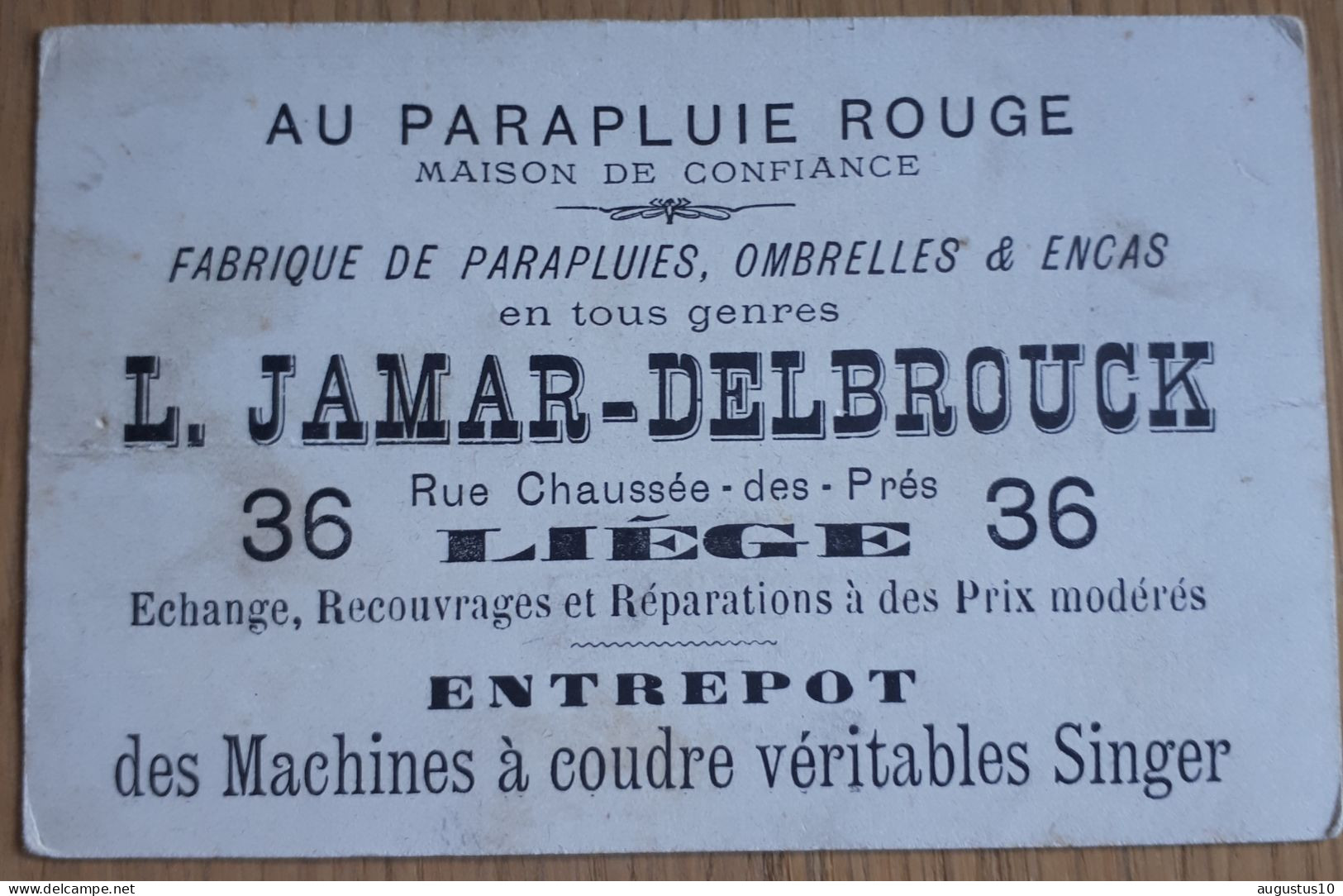 VICTORIAN FRENCH ADVERTISING CARD : AU PARAPLUIE ROUGE / JAMAR-DELBROUCK Liège +- 1880 10/6,5 Cm - Other & Unclassified