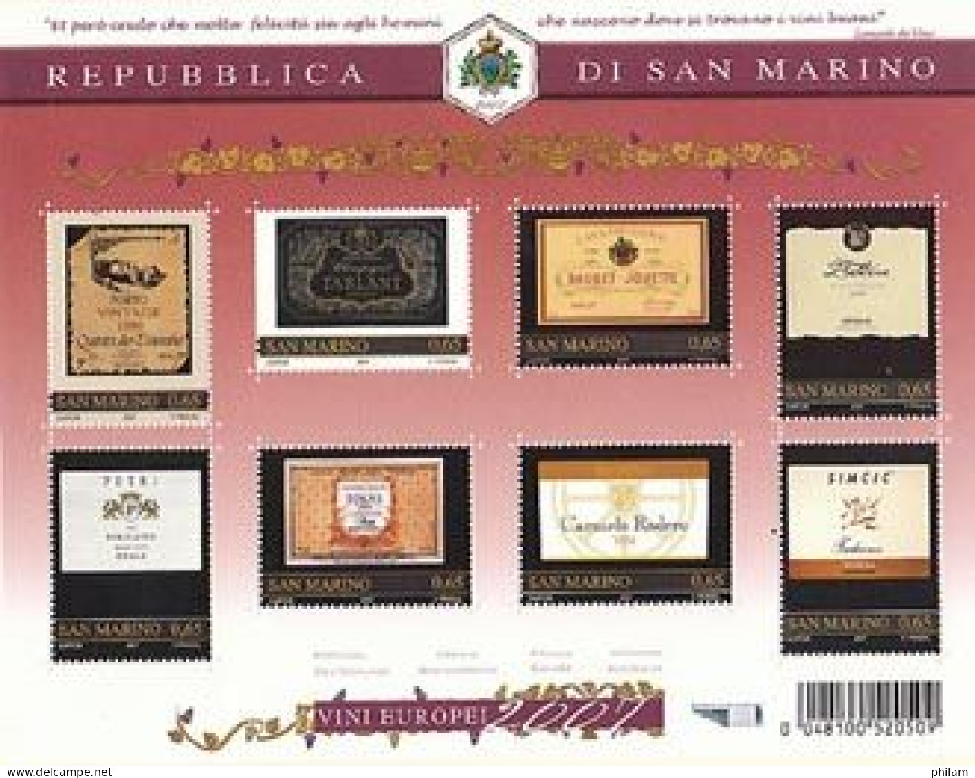 SAN MARINO 2007 - Grands Vins D'Europe - En Feuillet De 8 Timbres - Unused Stamps