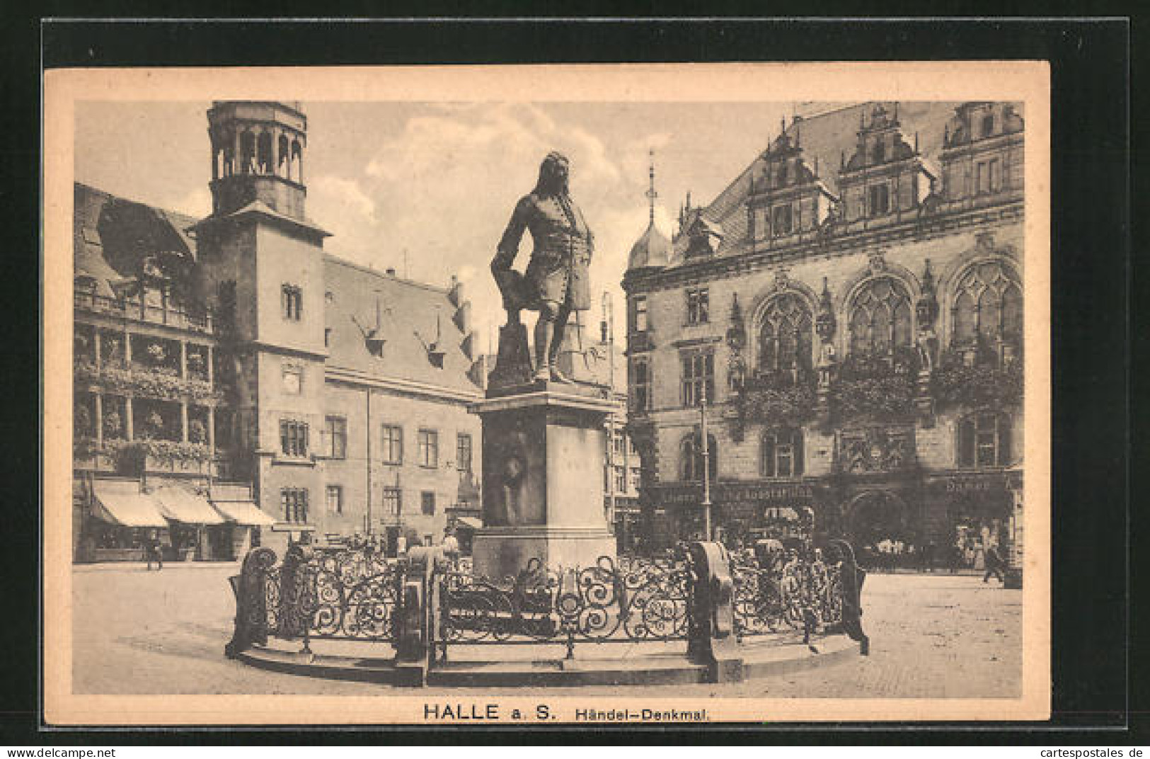 AK Halle A. S., Geschäft Für Leinen- Und Wäsche-Ausstattung Mit Händel-Denkmal  - Autres & Non Classés