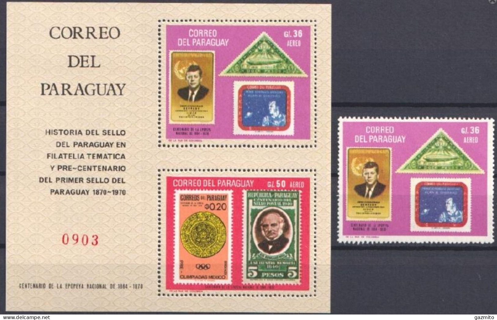 Paraguay 1968, 100th First Stamps Of Paraguay, Kennedy, Zeppelin, 1val+2BF - Postzegels Op Postzegels