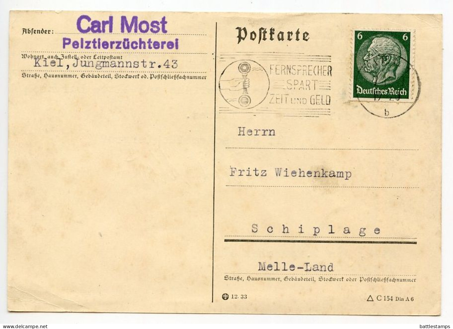 Germany 1940 Postcard; Kiel - Carl Most, Pelztierzüchterei (Fur Farm) To Schiplage; 6pf. Hindenburg; Slogan Cancel - Cartas & Documentos