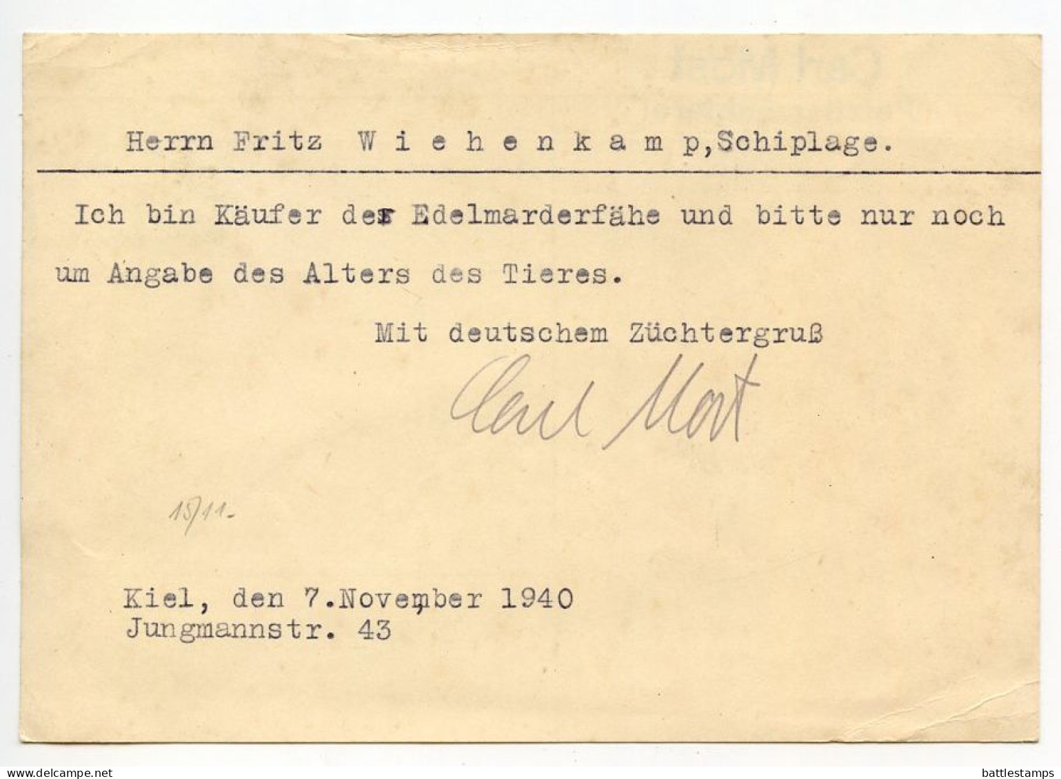 Germany 1940 Postcard; Kiel - Carl Most, Pelztierzüchterei (Fur Farm) To Schiplage; 6pf. Hindenburg; Slogan Cancel - Cartas & Documentos