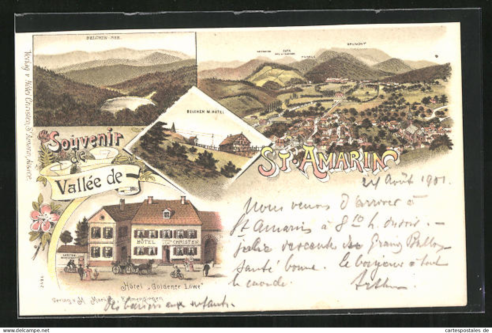 Lithographie St. Amarin, Hotel Goldener Löwe, Belchen Avec Hotel, Vue Générale Ort Et Umgebung  - Saint Amarin