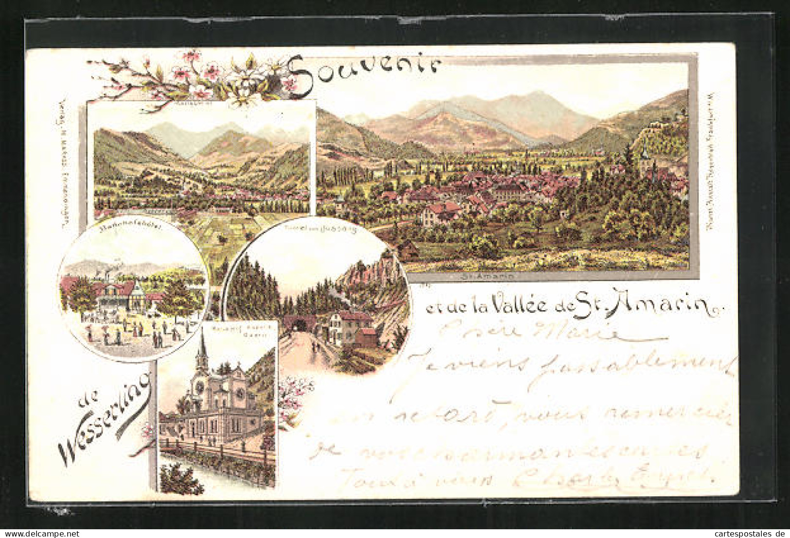 Lithographie Wesserling, La Garehotel, Maria-Hilf-Kapelle, St. Amarin, Vue Générale  - Saint Amarin