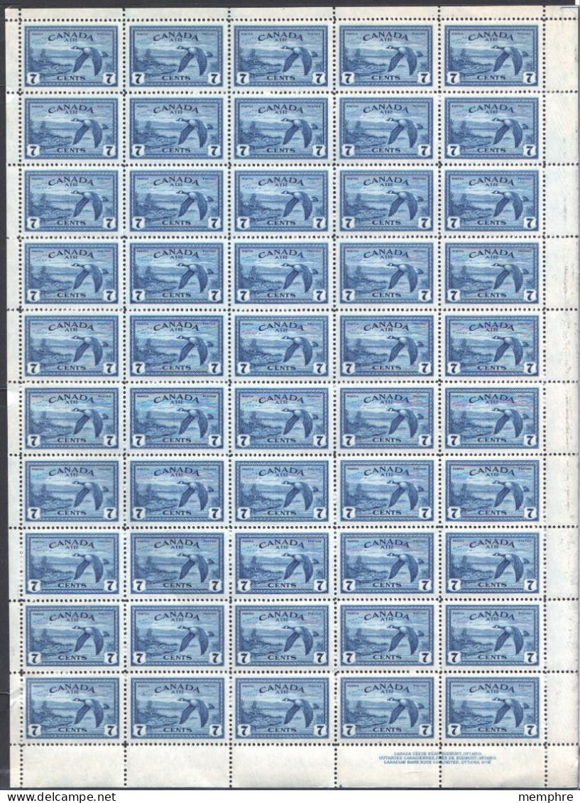 1946  Canada Goose Sc C9 Complete MNH Sheet Of 50 With Plate Block - Poste Aérienne