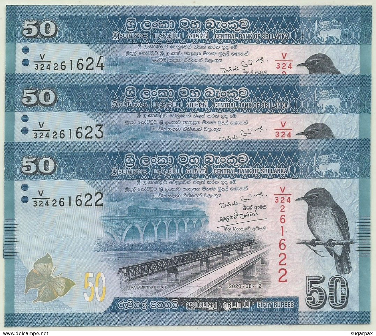 SRI LANKA - 3 X 50 RUPEES Consecutive - 2020.08.12 - Pick 124.NEW - Unc. - Serie V/324 - Sri Lanka