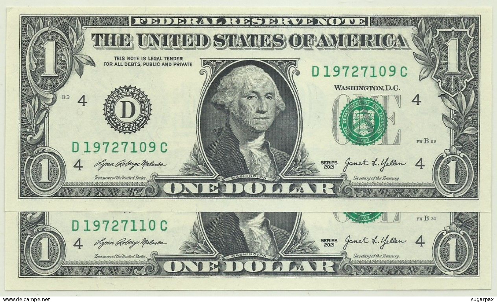 U. S. A. - 2 X 1 DOLLAR Consecutive - 2021 - Pick 549 - Unc. - ( D - 4 ) ( Bank Of Cleveland - Ohio ) - Federal Reserve Notes (1928-...)