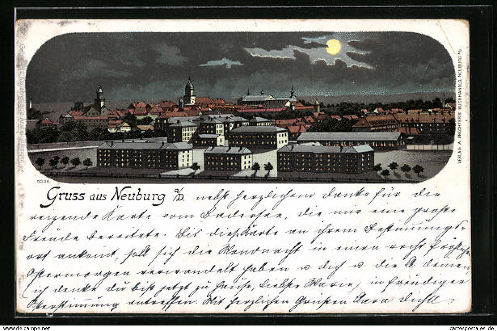 Lithographie Neuburg A. D., Teilansicht Bei Mondschein  - Neuburg