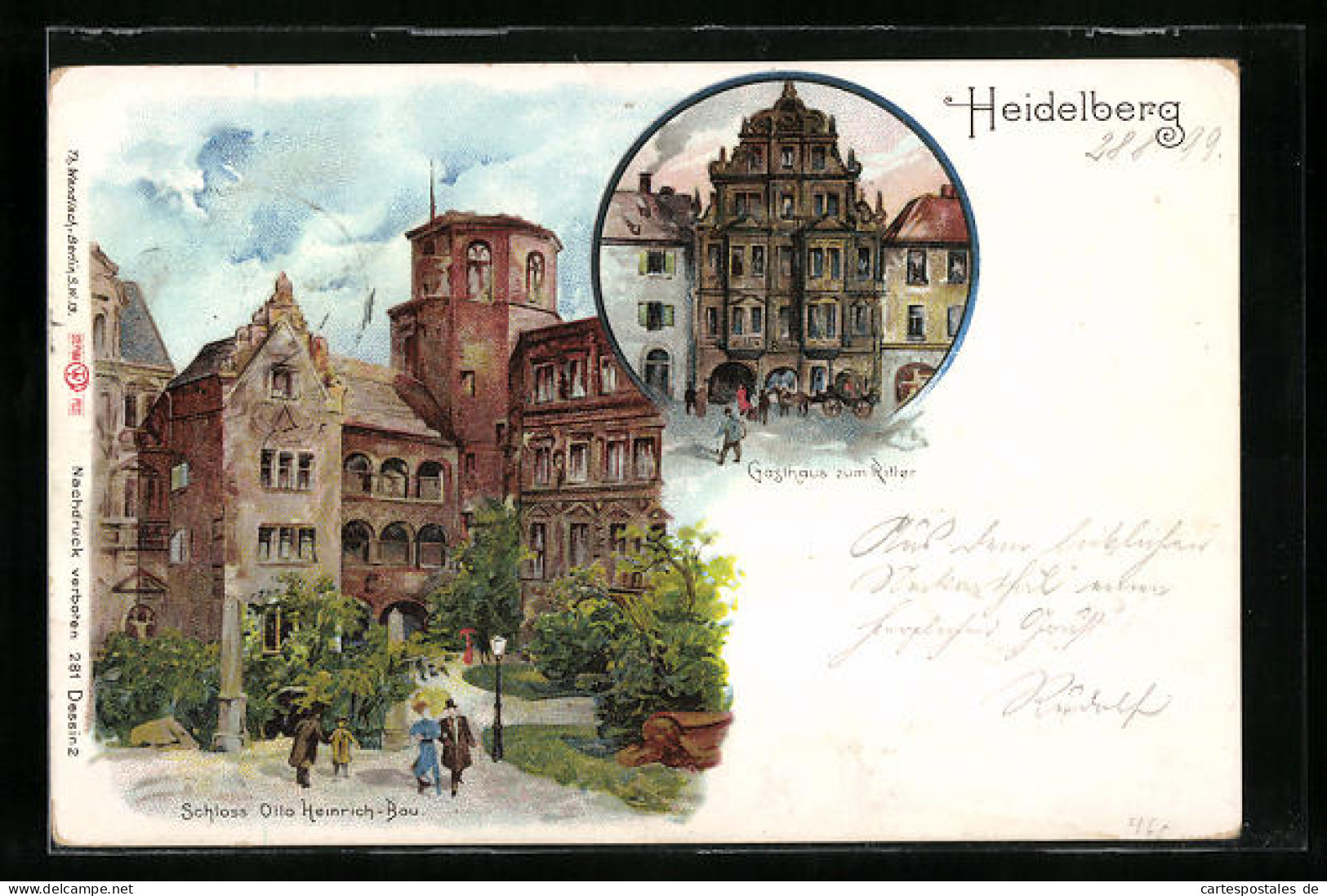 Lithographie Heidelberg, Gasthaus Zum Ritter, Schloss Otto Heinrich-Bau  - Heidelberg