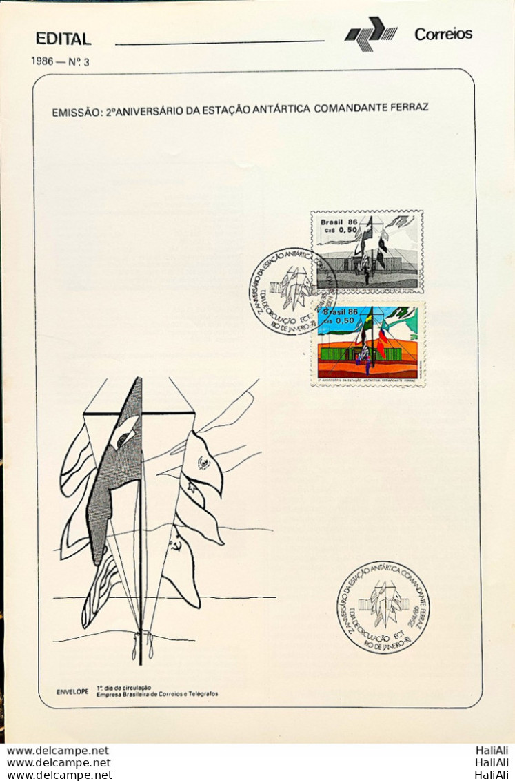 Brochure Brazil Edital 1986 03 Commander Ferraz Antartide Antarctica Flag With Stamp CBC RJ - Covers & Documents