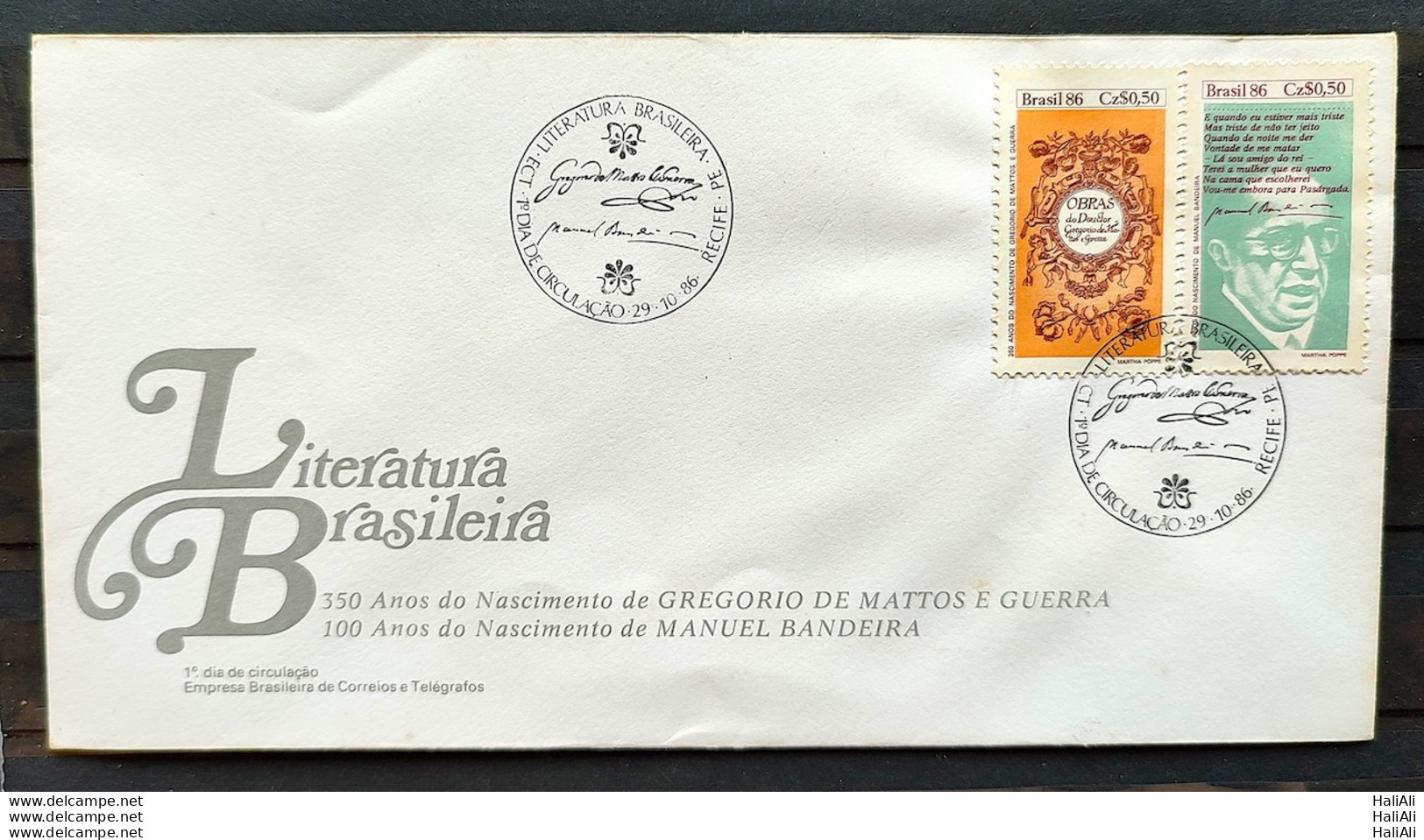 Brazil Envelope FDC 406 1986 Book Day Literature Manuel Bandeira CBC PE 02 - FDC