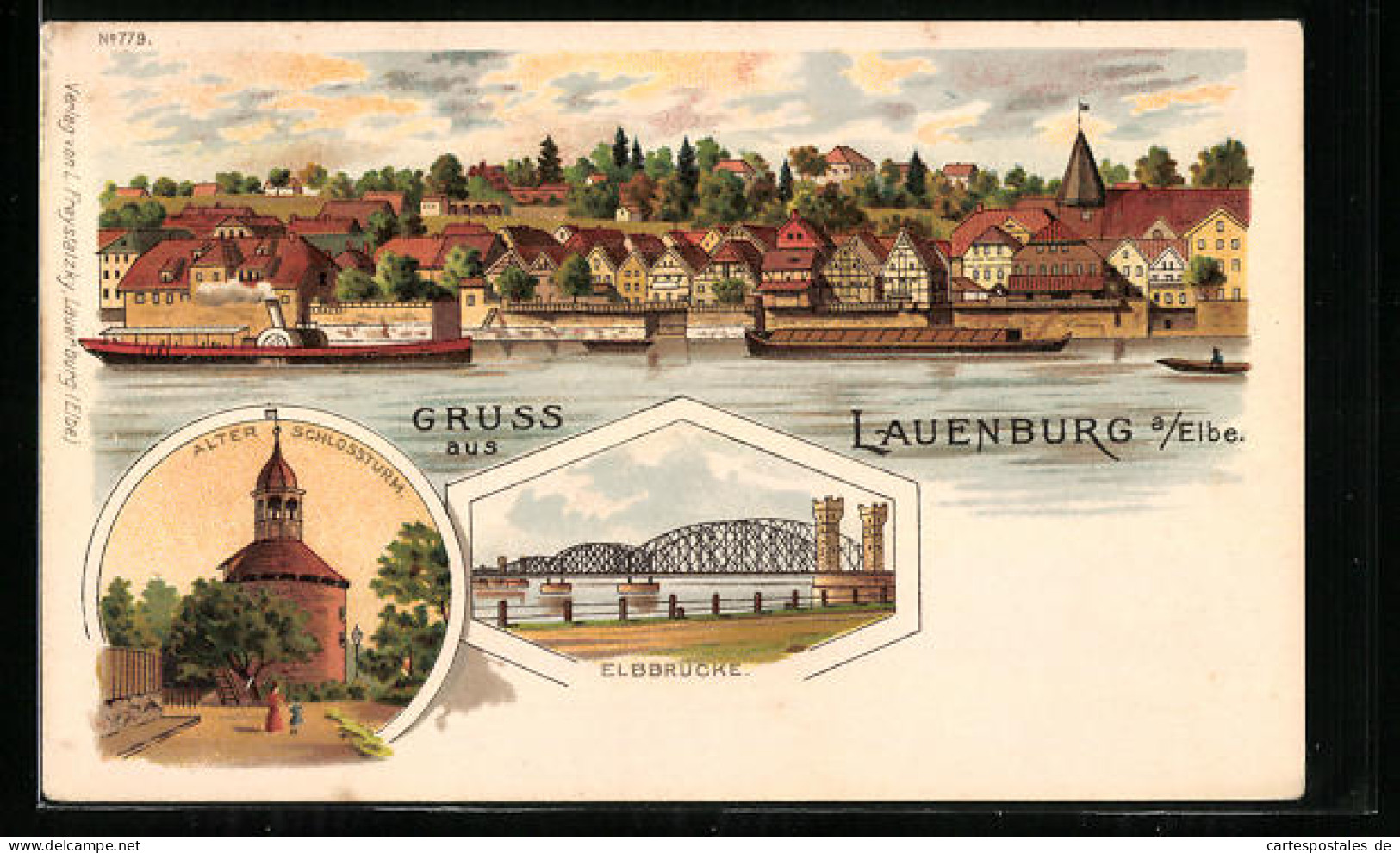 Lithographie Lauenburg A. E., Alter Schlossturm, Elbbrücke, Totalansicht Mit Elbdampfer  - Lauenburg