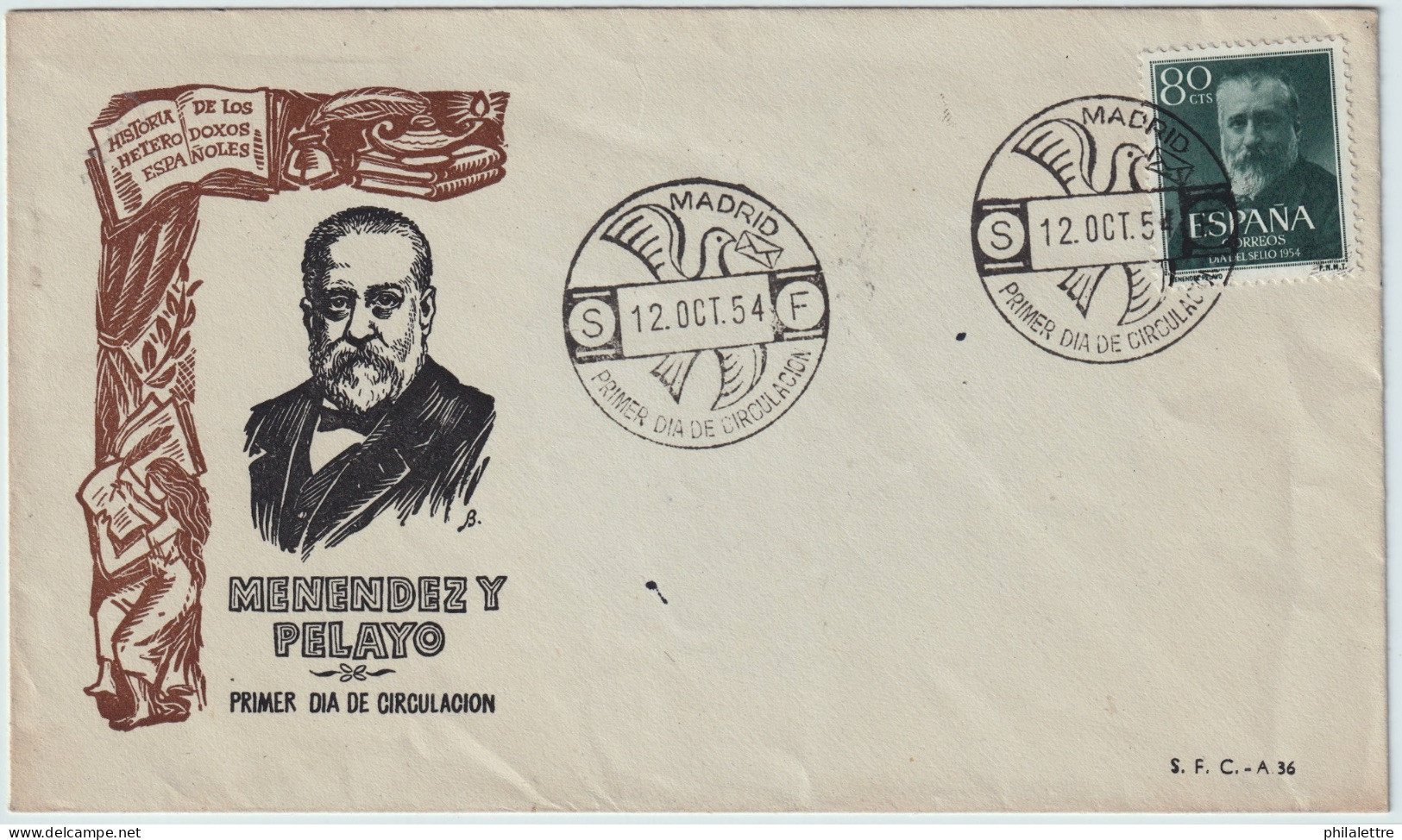 ESPAGNE / ESPAÑA - 1954 Ed.1142 80c Marcelino Menendez Y Pelayo Sobre Carta Primer Dia - Storia Postale