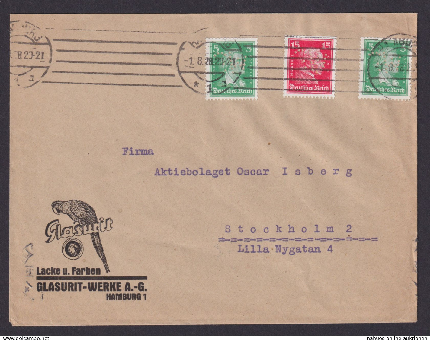 Perfin Lochung Briefmarken Deutsches Reich Brief MIF Berühmte Hamburg Stockholm - Covers & Documents