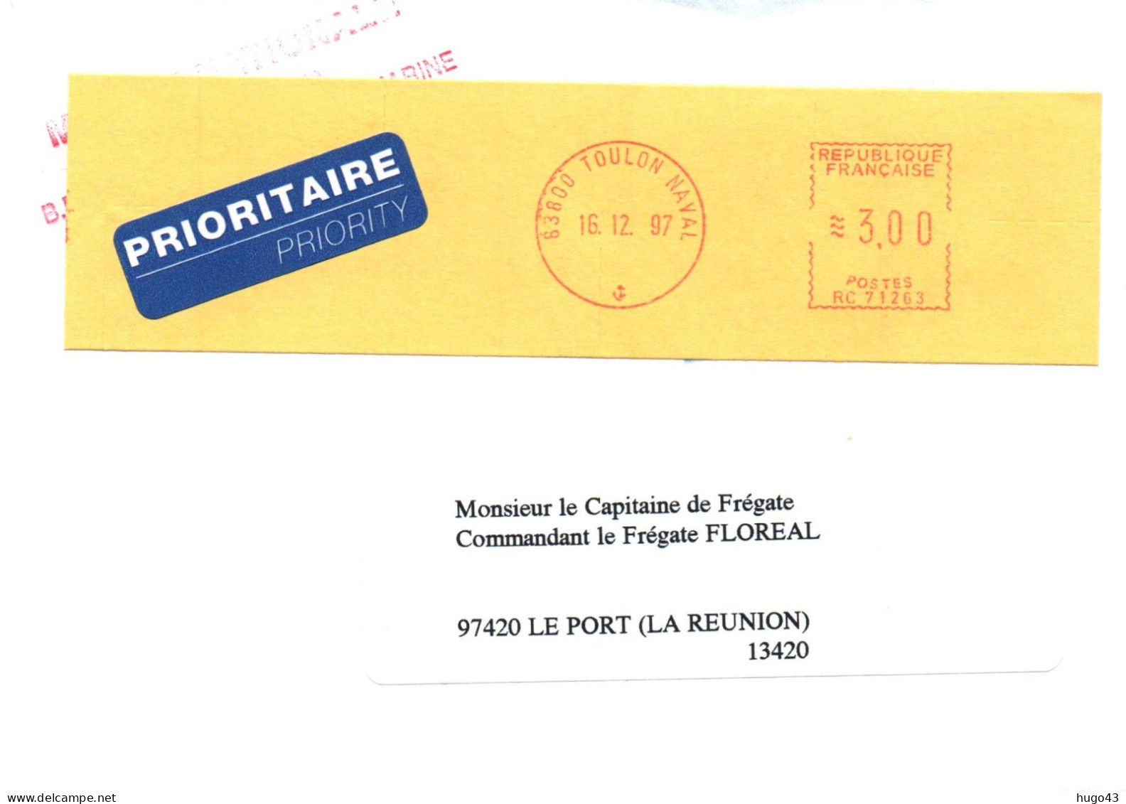 ENVELOPPE AVEC FLAMME E.M.A  TOULON NAVAL - LE 16/12/1997 - Seepost