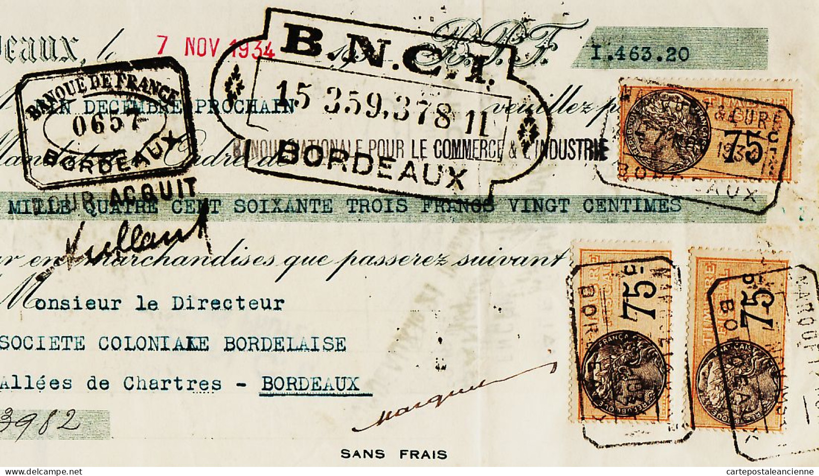 31287 / BORDEAUX MARQUET CURE Couleur Vernis Exportation Rue Vauban Mandat + Timbre Fiscal 1934 à Coloniale Bordelaise - Letras De Cambio