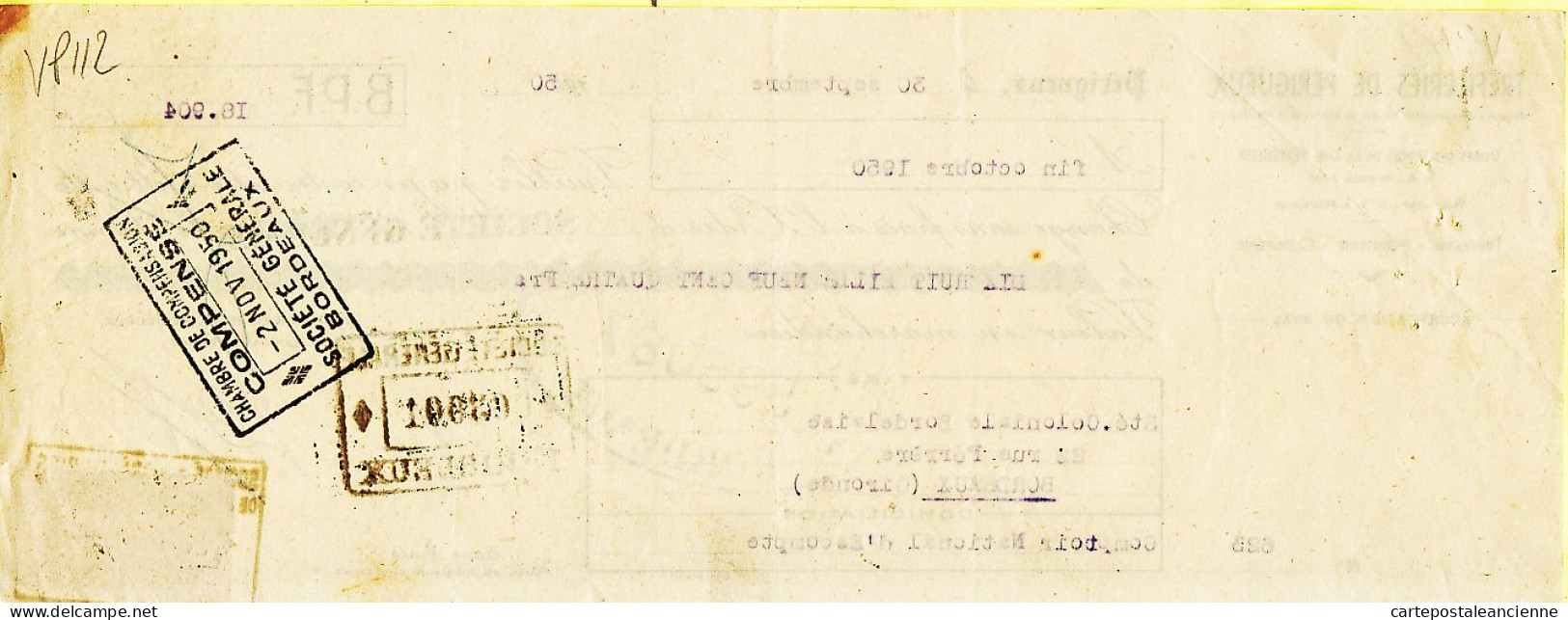 31283 / PERIGUEUX Trefileries Forges Dordogne 30.09.1950 Lettre Change-Timbre Fiscal 2.50 Fr à COLONIALE BORDELAISE  - Bills Of Exchange