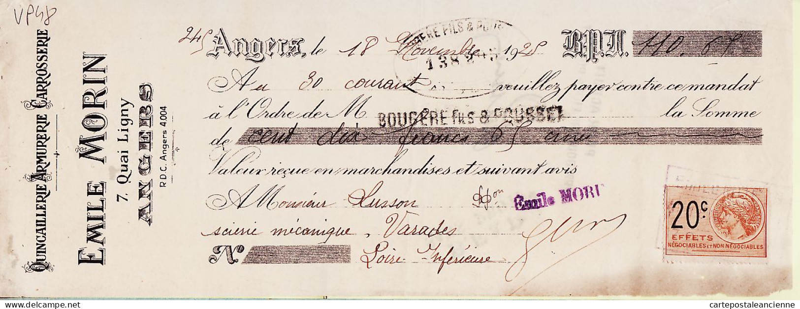 31267 / Carrosserie Armurerie MORIN Angers Lettre De Change 1925 à LUSSON Scierie Varades Timbre Fiscal 20cts - Bills Of Exchange