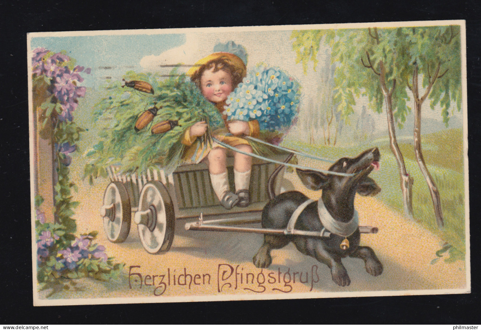 Tiere-AK Pfingsten Hund Zieht Wagen Mädchen Blumen Maikäfer, PLAUEN 6.6.1919 - Perros