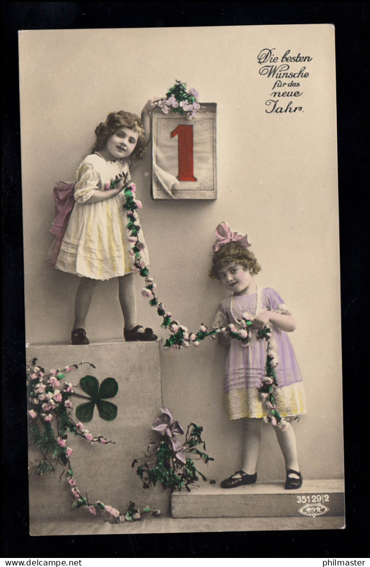 Foto-AK Neujahr: Zwei Mädchen Girlande Kalenderblatt 1. Januar HORGEN 29.12.1921 - New Year