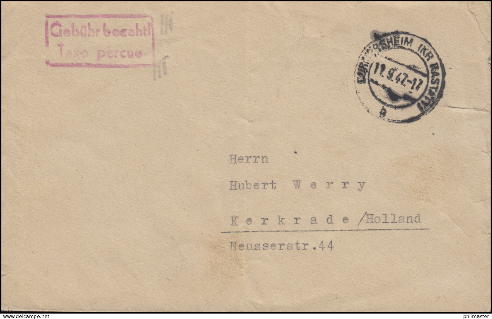 Gebühr-bezahlt-Stempel Auf Brief DURMERSHEIM (KS RASTATT) 11.9.47 N. Holland - Sonstige & Ohne Zuordnung