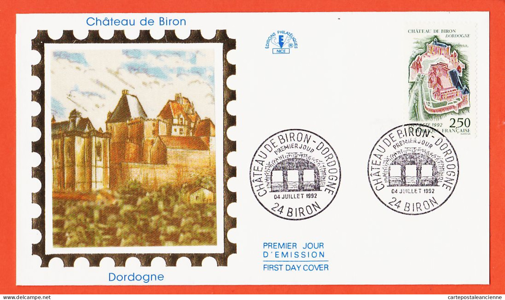 31644 / ⭐ ◉ FDC Soie Chateau De BIRON 1er Premier Jour Emission DORDOGNE 4 Juillet 1992 F.D.C First Day Cover  - 1990-1999