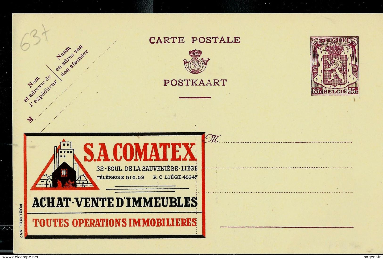 Publibel Neuve N° 637 ( S.A. COMATEX - Achat - Ventes - D'immeubles  - Liège  ) - Publibels