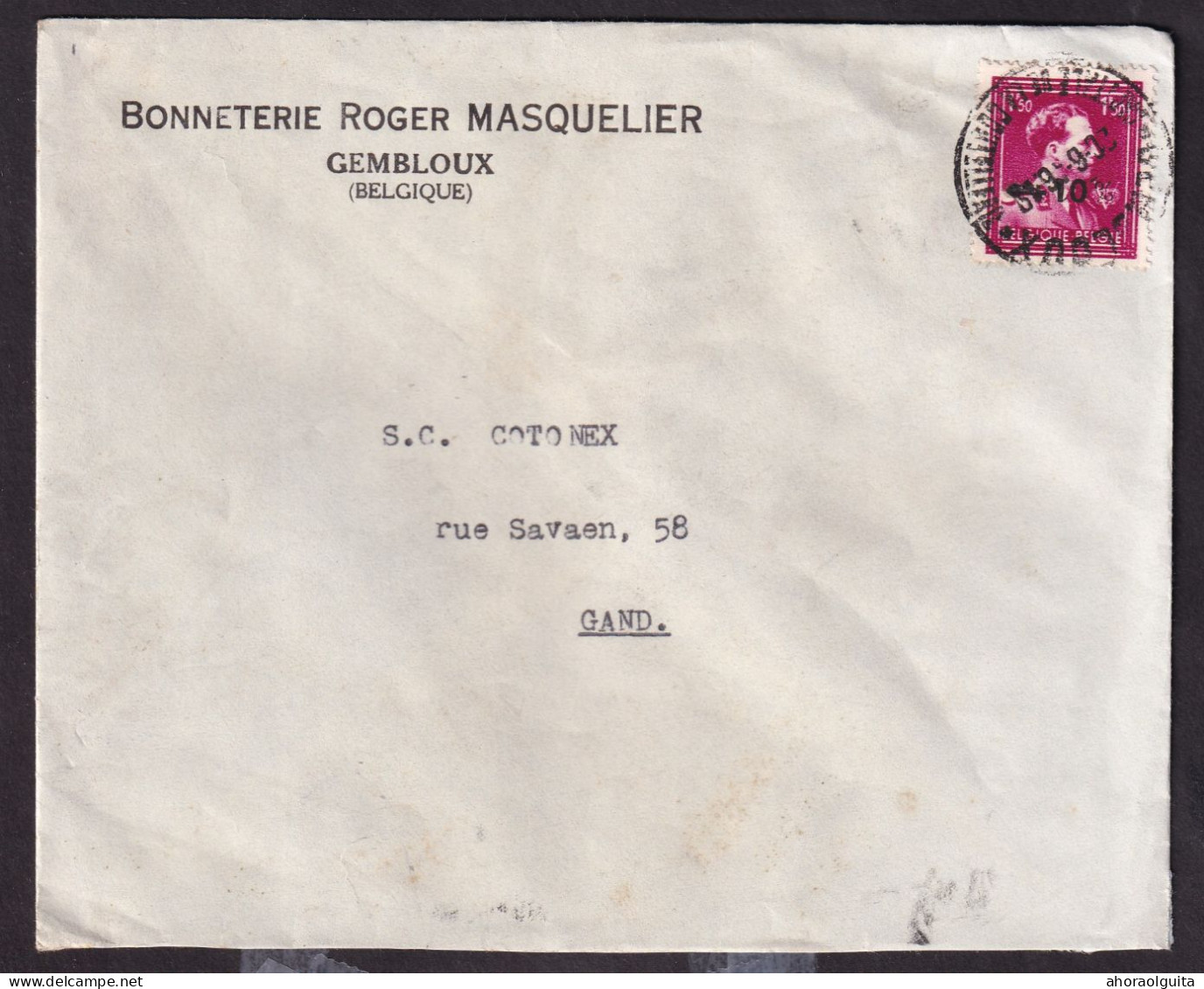 DDGG 158 -- Enveloppe TP Moins 10 % Surcharge Locale GEMBLOUX 1946 - Entete Bonneterie Roger Masquelier - 1946 -10%