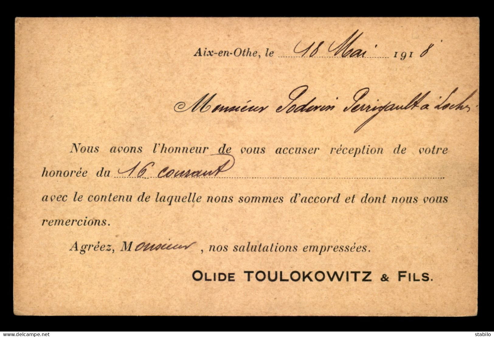 10 - AIX-EN-OTHE - CARTE DE SERVICE DE LA SOCIETE OLIDE TOULOKOWITZ & FILS - 1918 - Autres & Non Classés