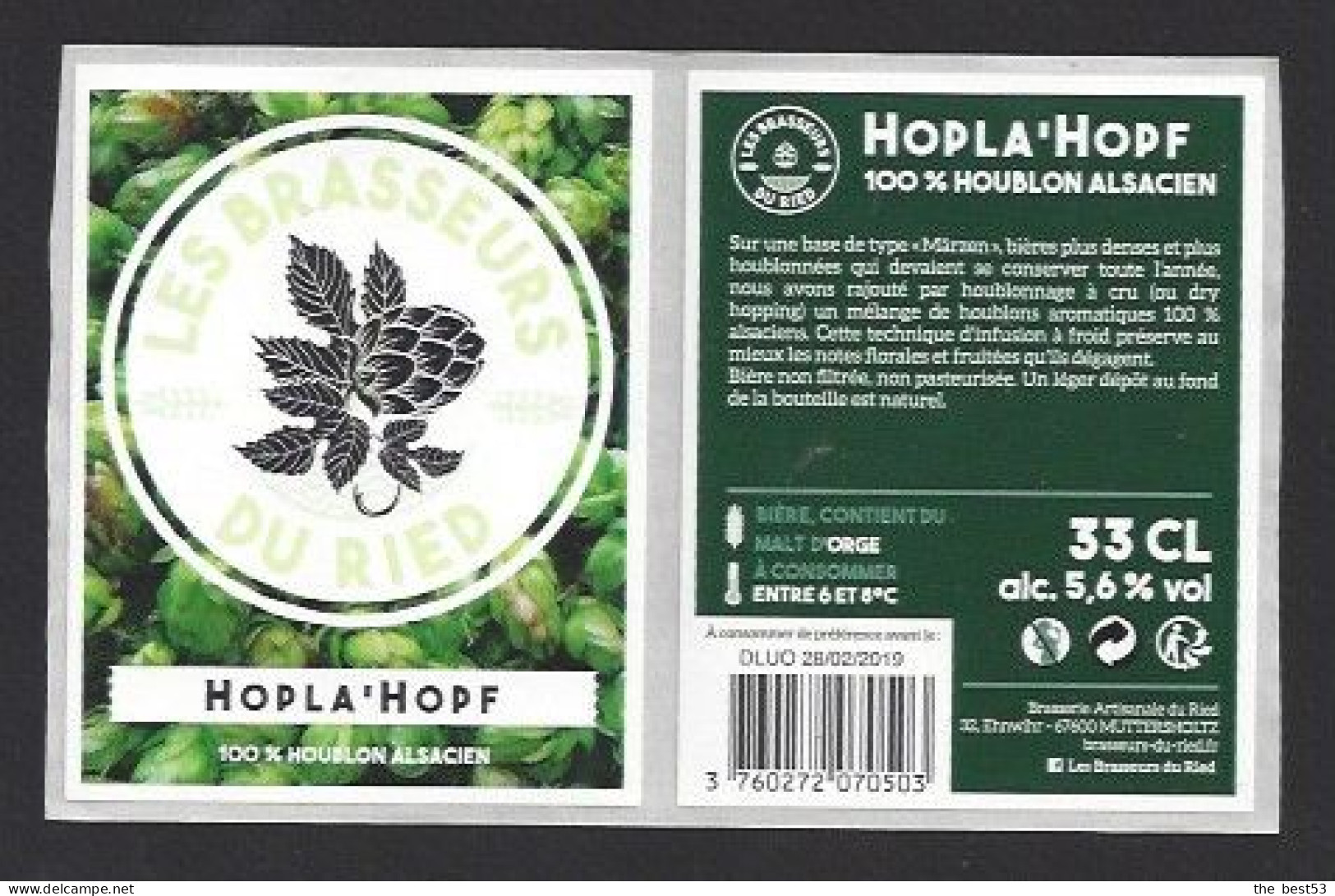 Etiquette De Bière 100 % Houblon Alsacien  -  Hopla'Hopf  -  Brasserie  Ried  à  Muttersholtz   (67) - Bière