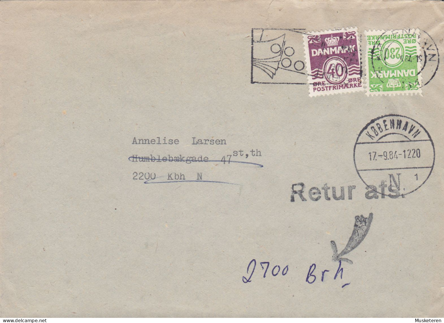 Denmark KØBENHAVN 1984 Cover Brief ERASED Adresse Brotype KØBENHAVN N (***1). Line Cds. 'RETUR Afs.' Return To SENDER - Cartas & Documentos