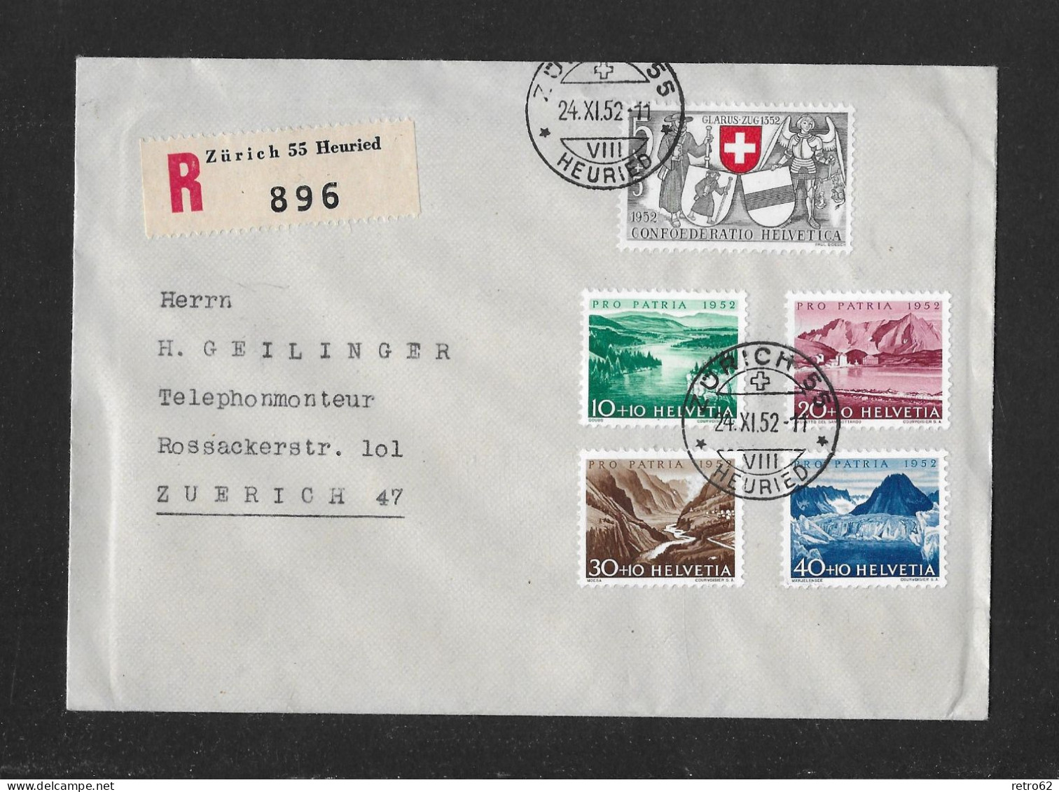 1952 GLARUS UND ZUG 600 JAHRE IN DER EIDGEN.-SCHAFT, SEEN UND WASSERLÄUFE  ► R-Satzbrief - Covers & Documents