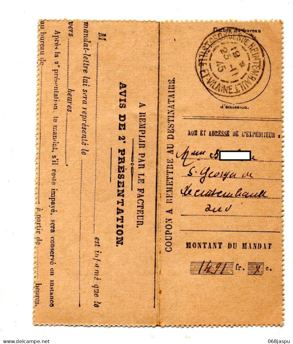 Coupon Mandat Cachet Saint Georges - Documents Of Postal Services