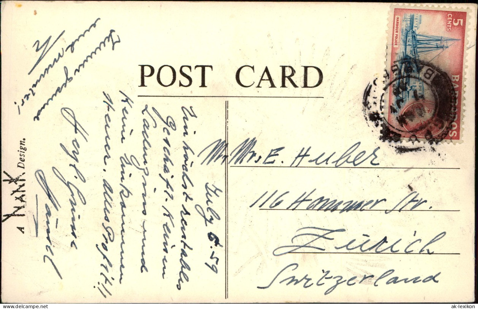 Barbados - Scherzkarte Barber 1959  Gel. Briefmarke Stempel - Barbados (Barbuda)