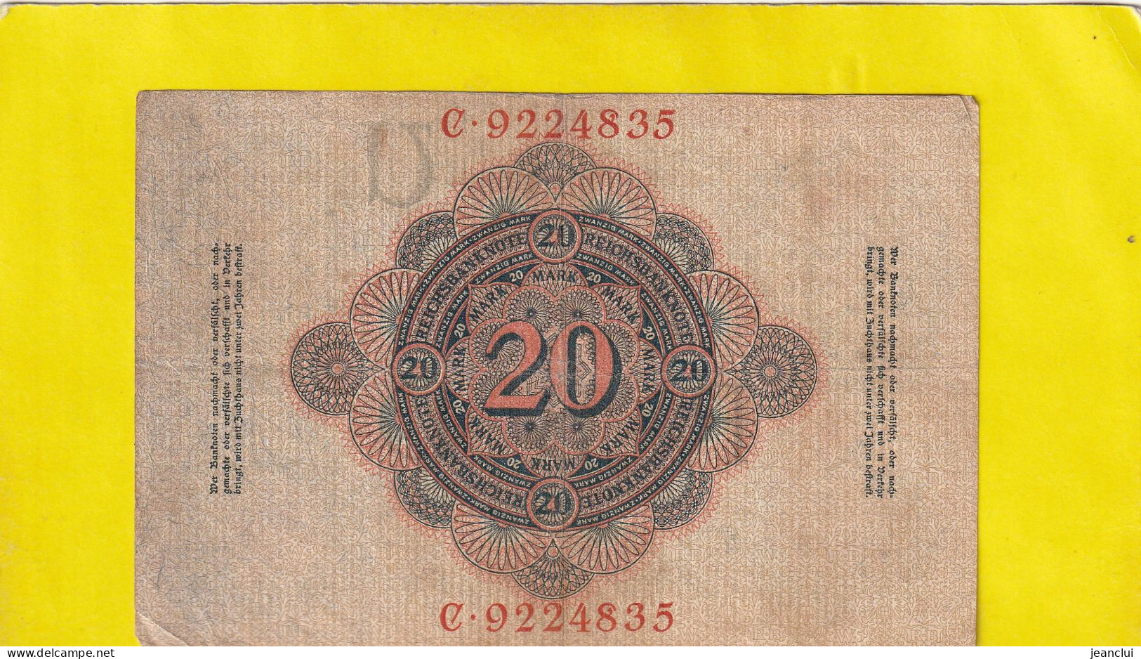 REICHSBANKNOTE  . 20 MARK . 21-4-1910   . N°  C.9224835 .  2 SCANNES  .  BILLET USITE - 20 Mark