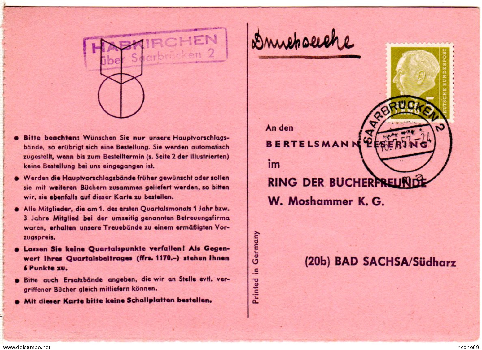 Saarland 1957, Landpost Stpl. HABKIRCHEN über Saarbrücken 2 Auf Karte M. 5 F. - Cartas & Documentos