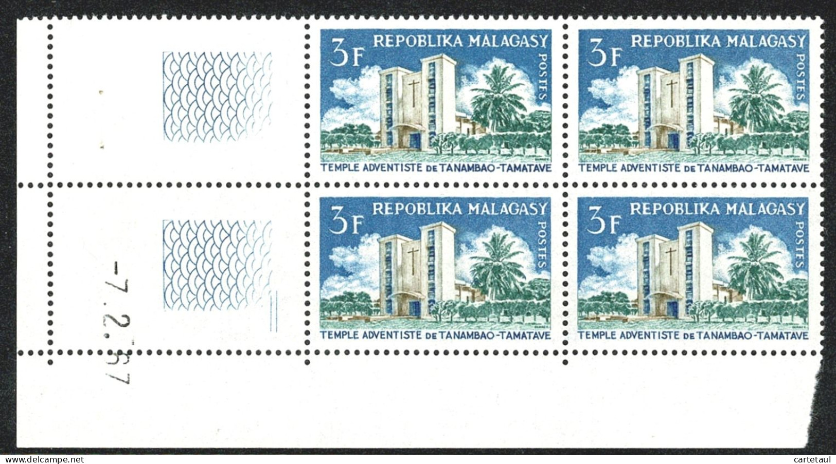 MADAGASCAR   Temple Adventiste 3F  Bloc De 4 Coin Daté  -7.2.67 ** Gomme Intacte SUP - Madagaskar (1960-...)