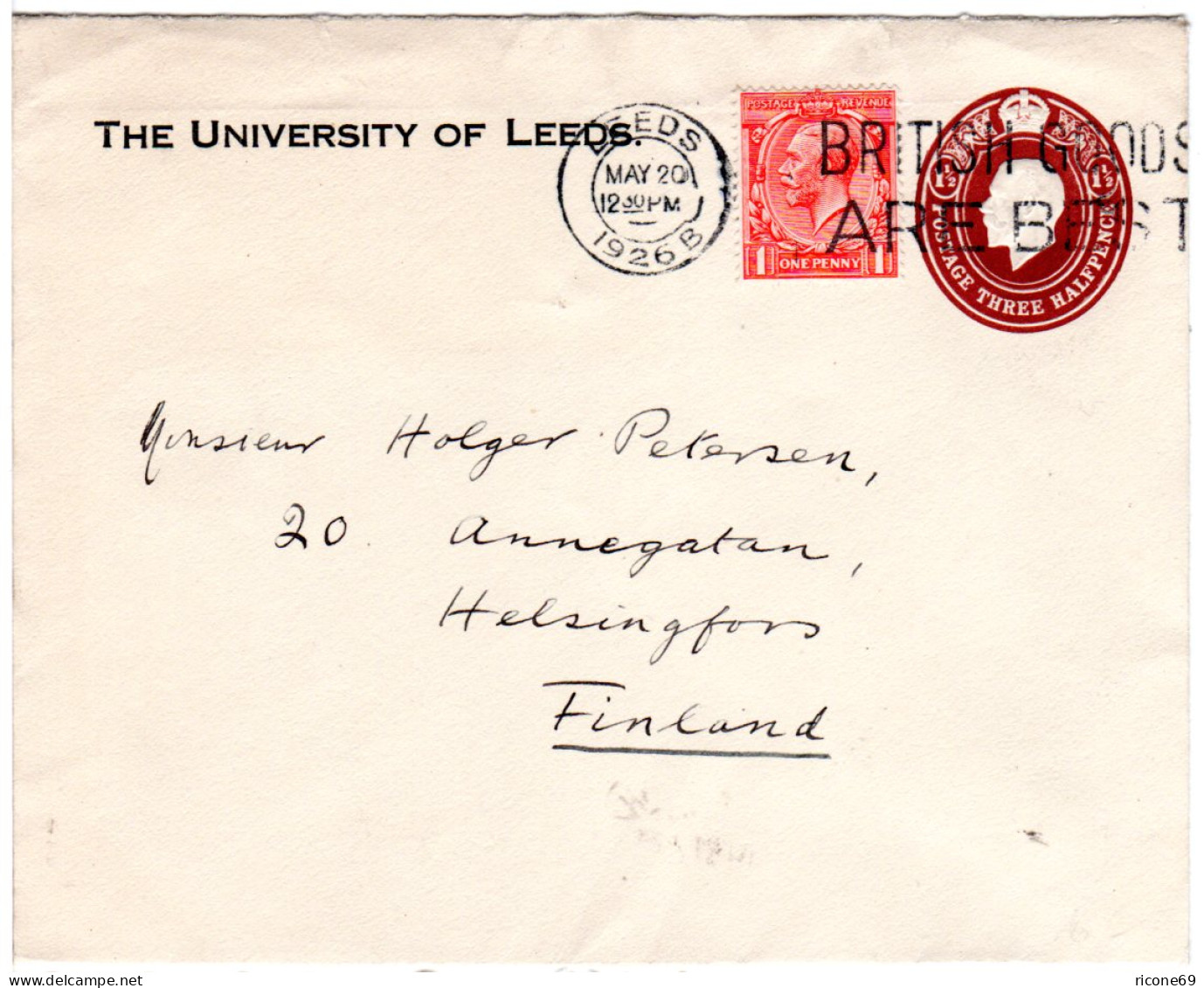 GB 1926, 1d Auf 1 1/2d Ganzsache Brief The University Of Leeds N. Finnland - Other & Unclassified