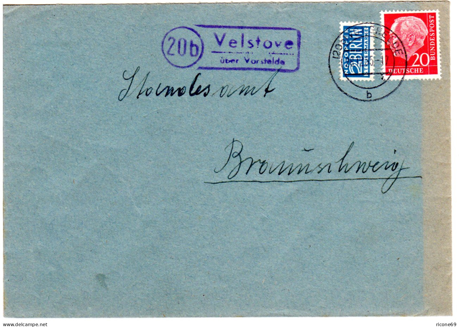BRD 1955, Landpoststpl. 20b VELSTOVE über Vorsfelde Auf Brief M. 20 Pf. - Autres & Non Classés