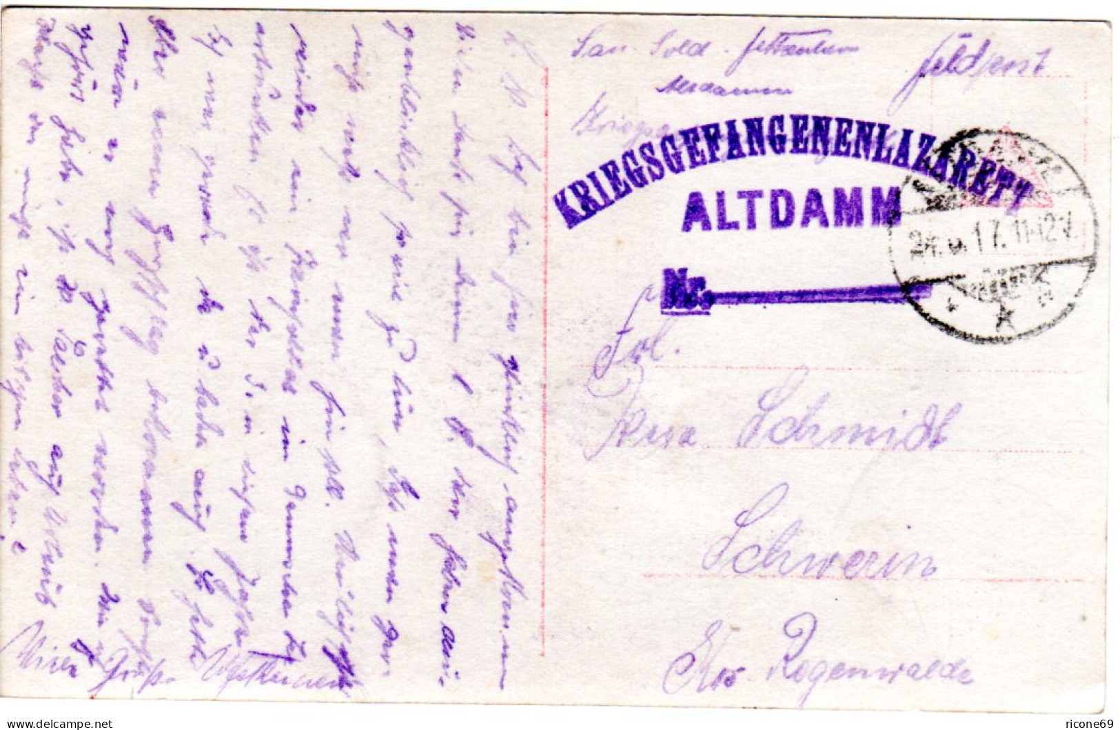 DR 1917, KGF POW Karte V. Kriegsgefangenenlazarett Altdamm N. Schwerin - Feldpost (postage Free)