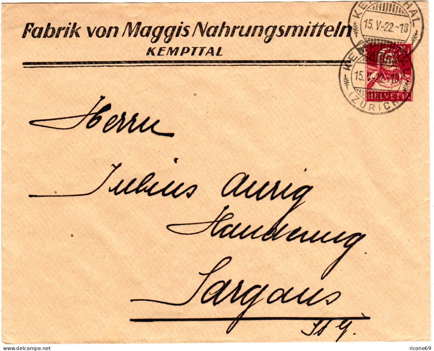 Schweiz 1922, 20 C. Maggi Privat Ganzsache Brief V. Kempttal - Briefe U. Dokumente