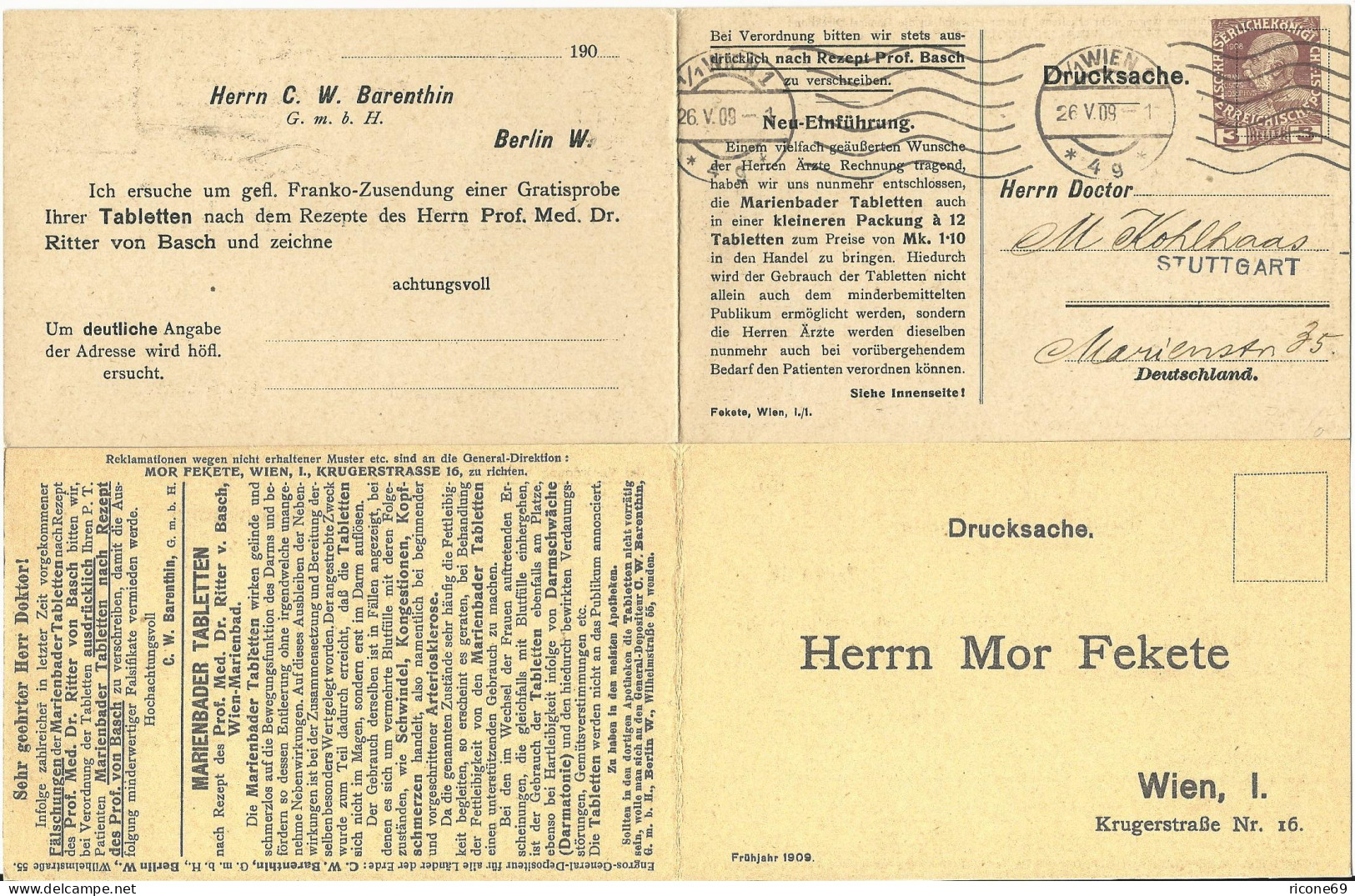 Österreich 1909, Gebr. 3 H. Privat Ganzsache Doppelkarte Marienbader Tabletten - Storia Postale