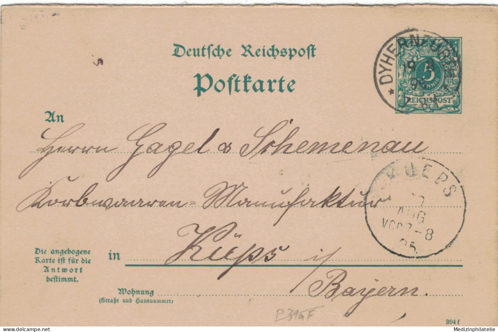 Ganzsache 5 Pfennig Reichspost - Jung Dyhernfurth 1895 > Gagel & Schemenau Korbwaren Küps - Frageteil - Postcards