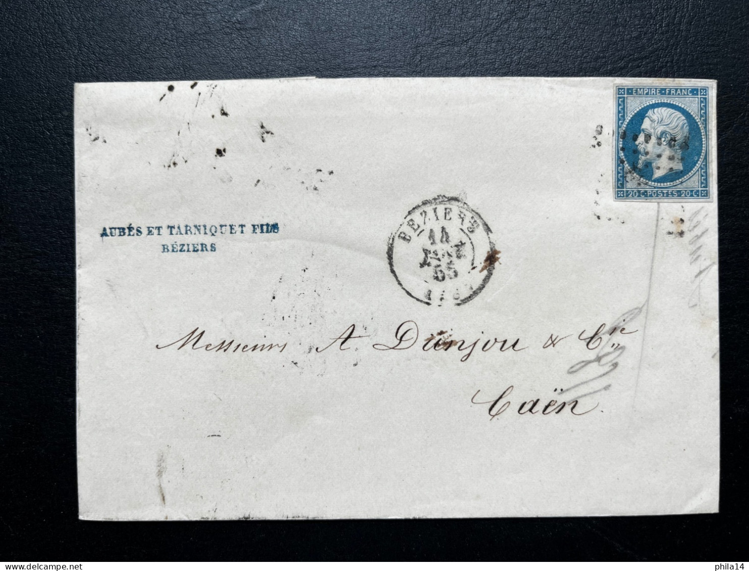 N°14 20c BLEU NAPOLEON SUR LETTRE / BEZIERS POUR CAEN / 14 JANV 1855 / LAC - 1849-1876: Période Classique