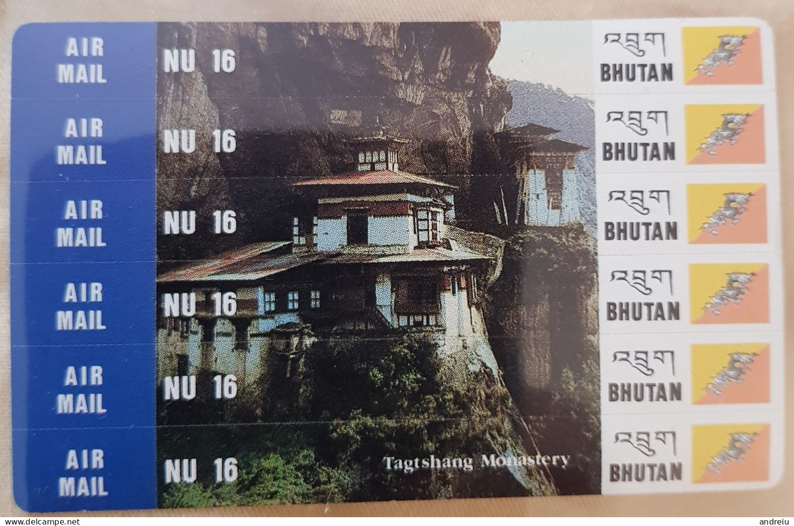 1994 Bhutan -  2 Scans Self-adhesive Stampcard Tagtshang Monastery, Bhutanese Flag, No. 1540-1545 - Bhutan