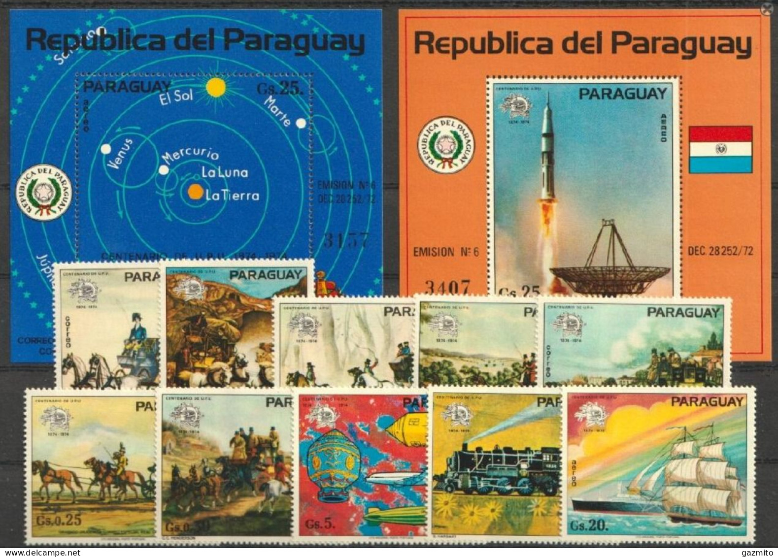 Paraguay 1974, 100th UPU, Space, Train, Balloon, Carriage, 10val +2BF - UPU (Universal Postal Union)